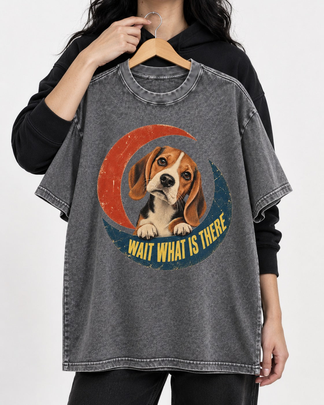 Wait What Is There Beagle Crescent Washed Tee in Gray, held up on a hanger