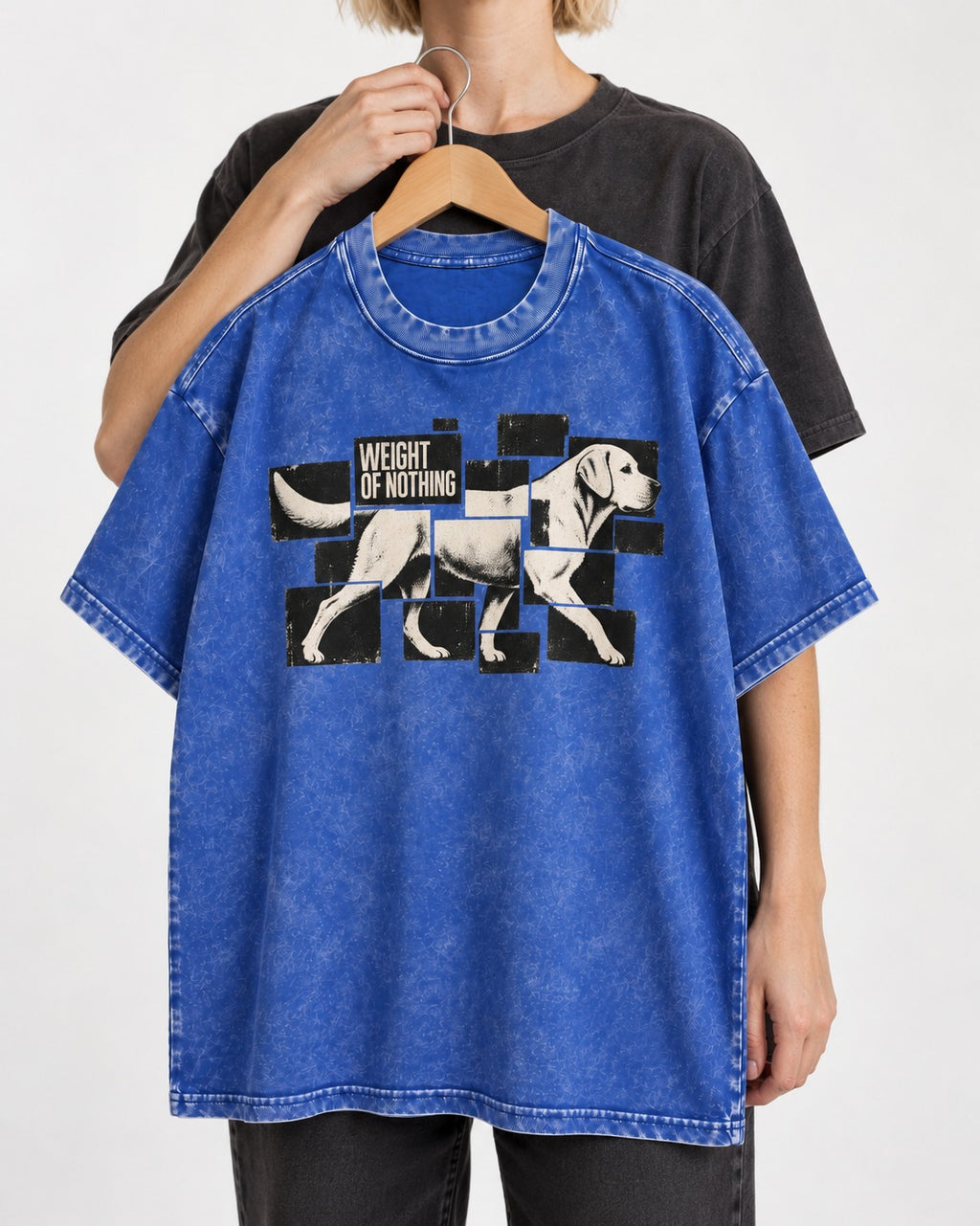 Labrador Retriever Weight of Nothing Fragmented Tile Graphic Washed Tee in Royal Blue, held up on a hanger