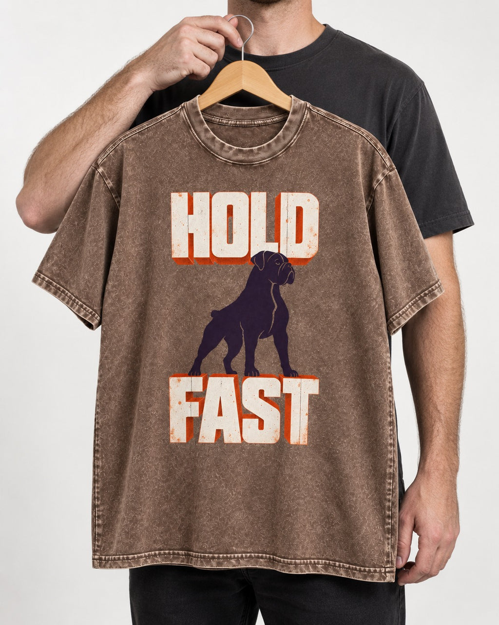 Hold Fast Boxer Typography Graphic Washed Tee in Coffee, held up on a hanger