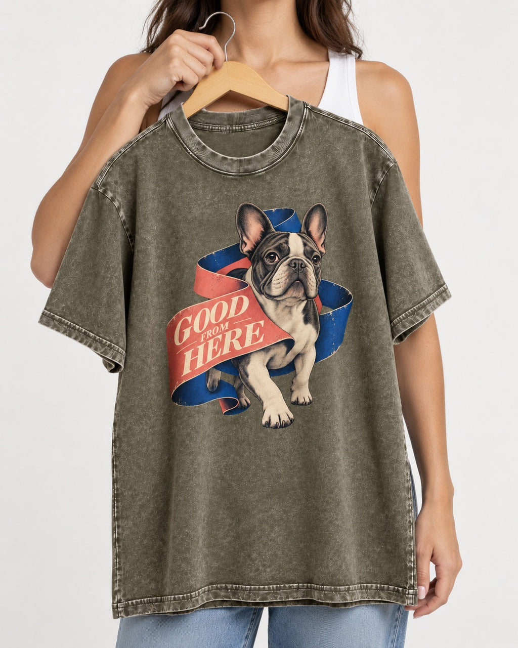 Frenchie Good From Here Ribbon Graphic Washed Tee in Army Green, held up on a hanger