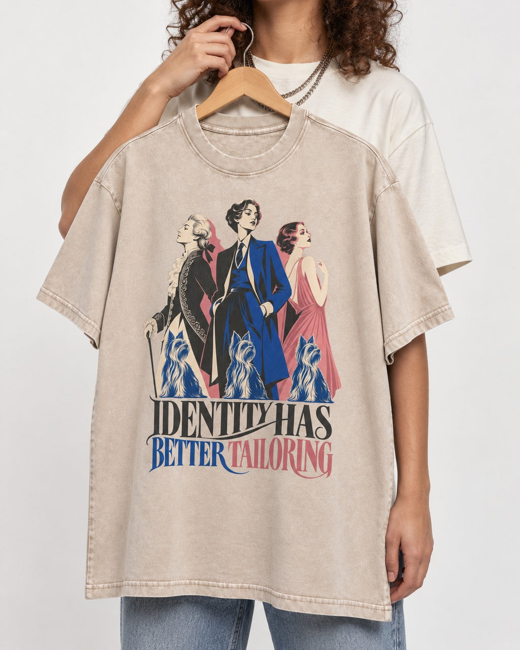 Yorkshire Terrier Identity Has Better Tailoring Washed Tee in Apricot, held up on a hanger