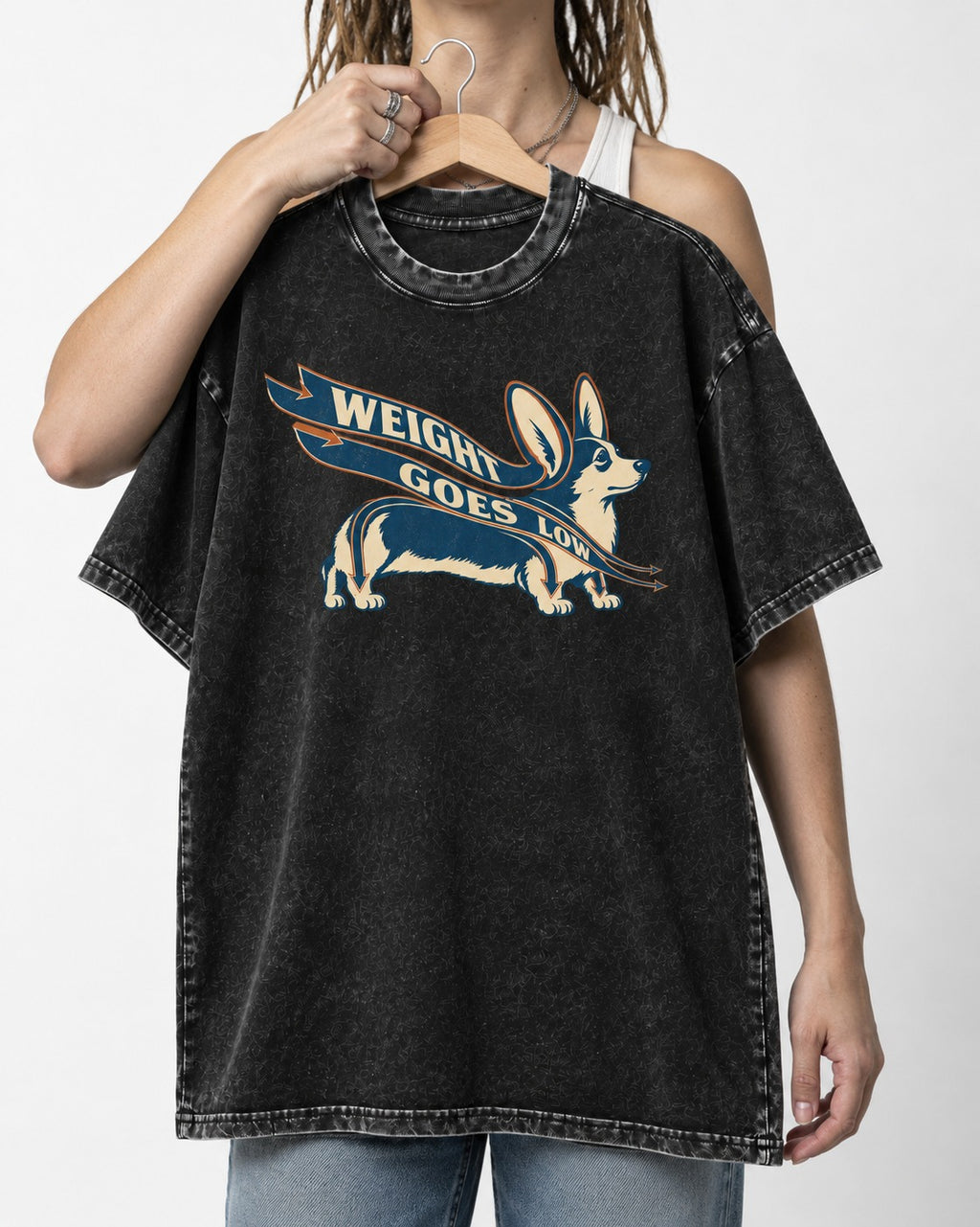 Corgi Weight Goes Low Ribbon Arrow Graphic Washed Tee in Black, held up on a hanger