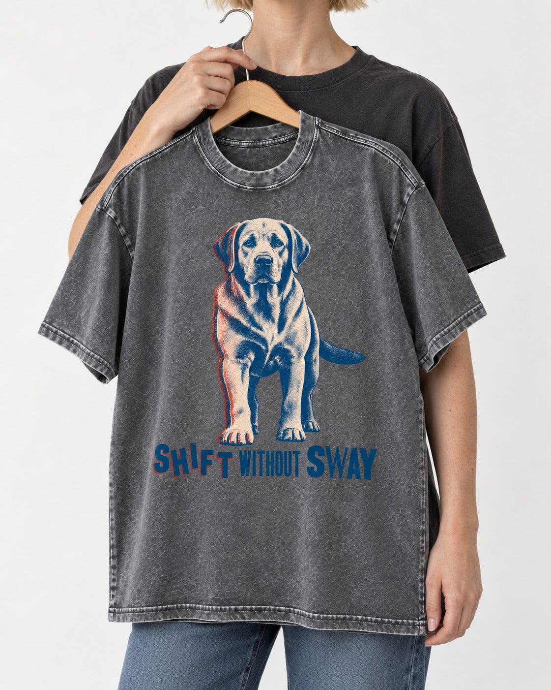 Shift Without Sway Labrador Retriever Washed Tee in Gray, held up on a hanger