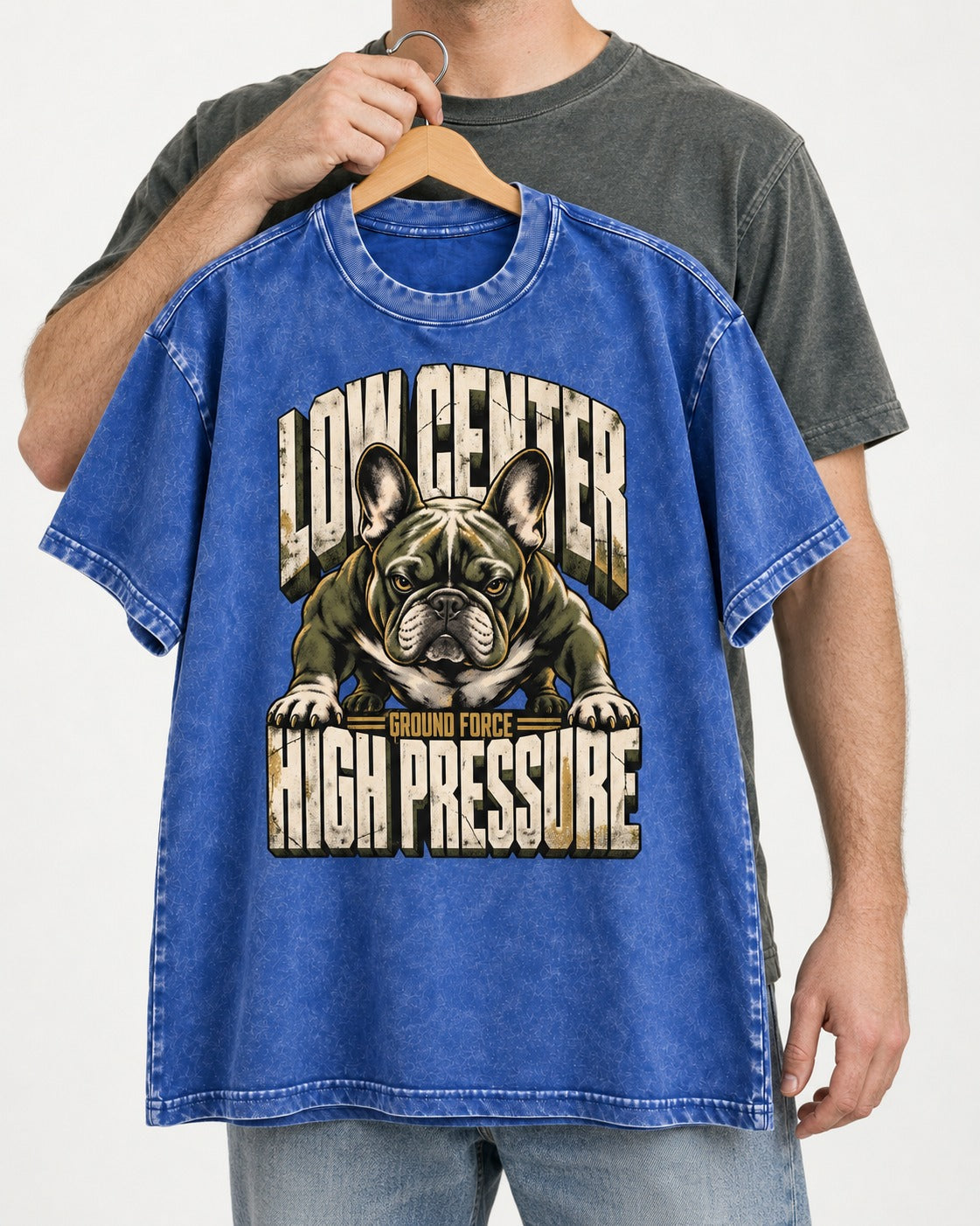 Frenchie Low Center High Pressure Graphic Washed Tee in Royal Blue, held up on a hanger