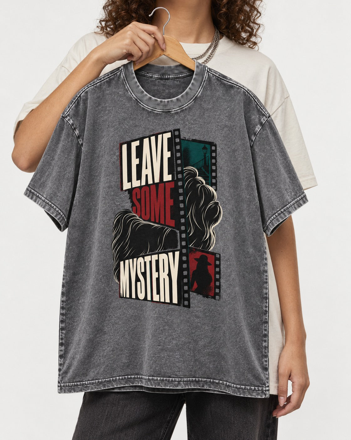 Leave Some Mystery Shih Tzu Washed Tee in Gray, held up on a hanger