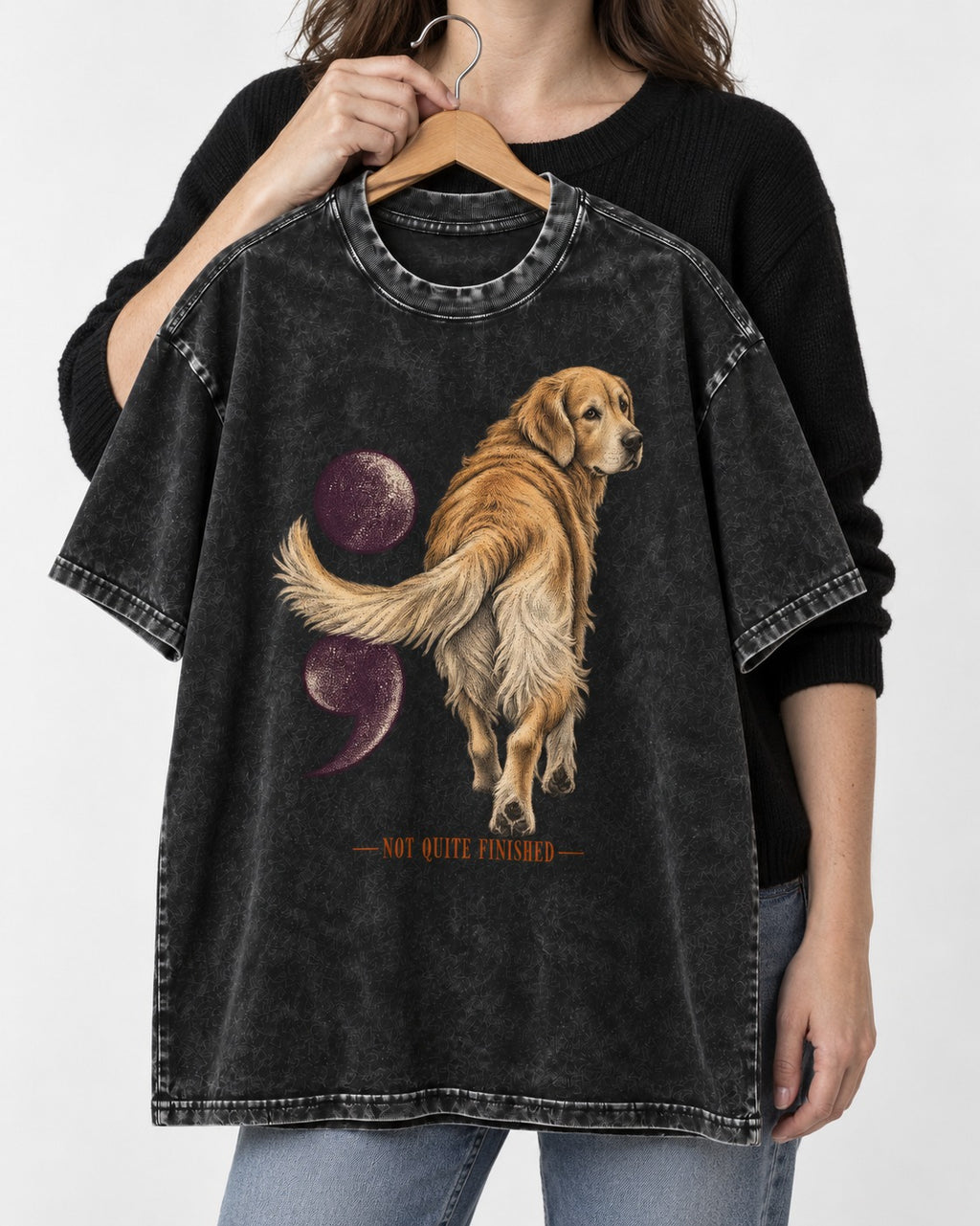 Golden Retriever Not Quite Finished Semicolon Graphic Washed Tee in Black, held up on a hanger