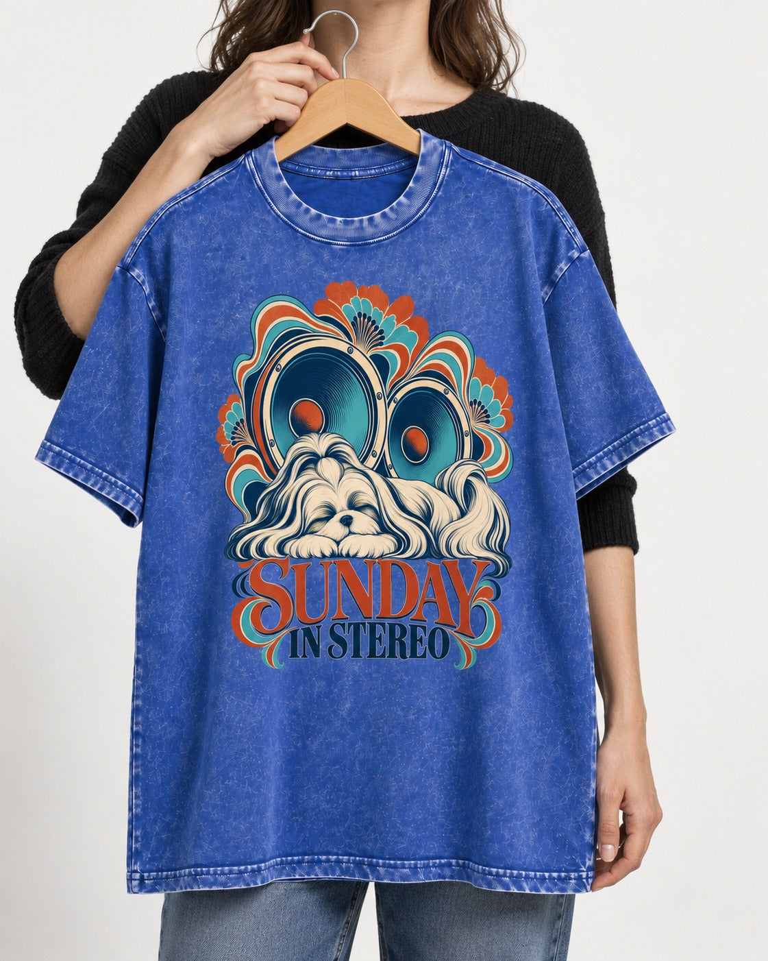 Shih Tzu Sunday in Stereo Retro Speaker Graphic Washed Tee in Royal Blue, held up on a hanger