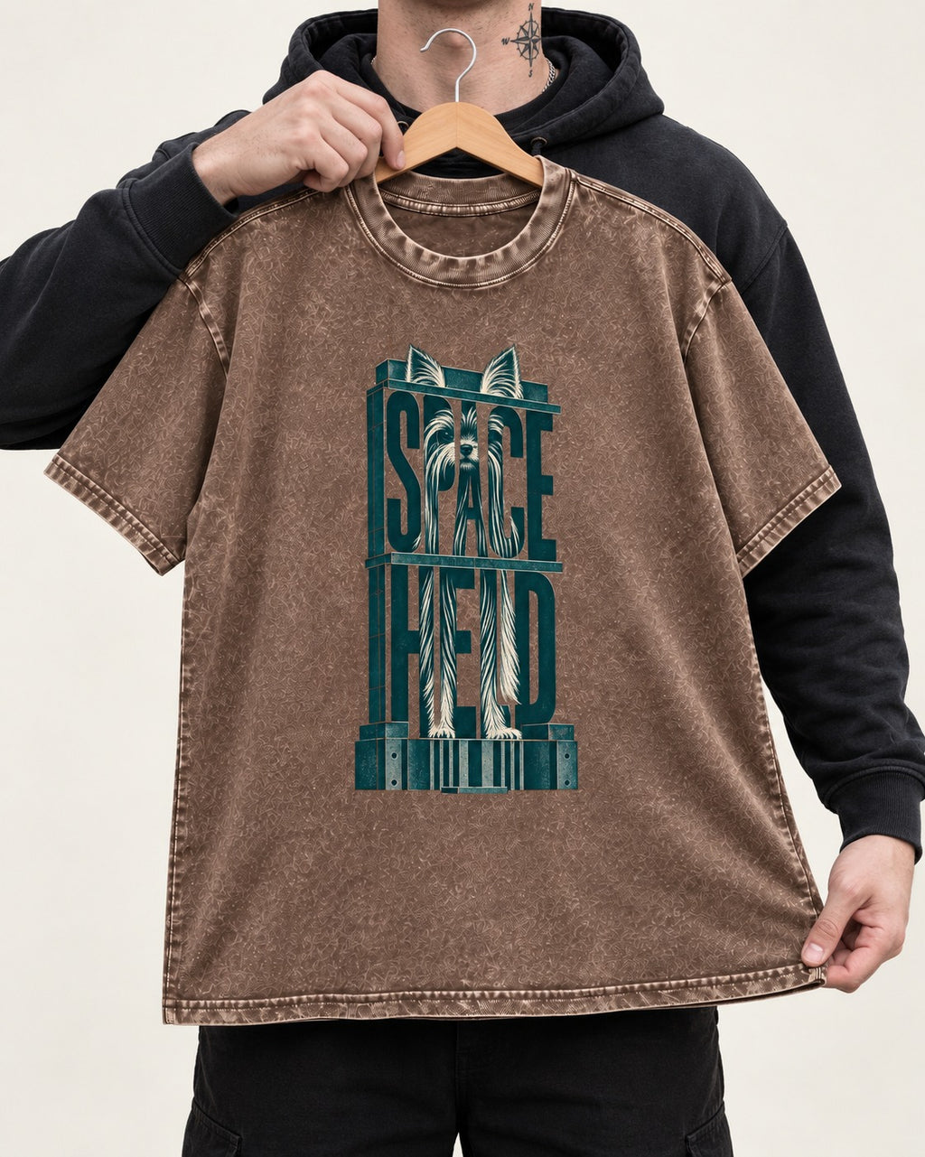 Yorkshire Terrier Space Head Washed Tee in Coffee, held up on a hanger