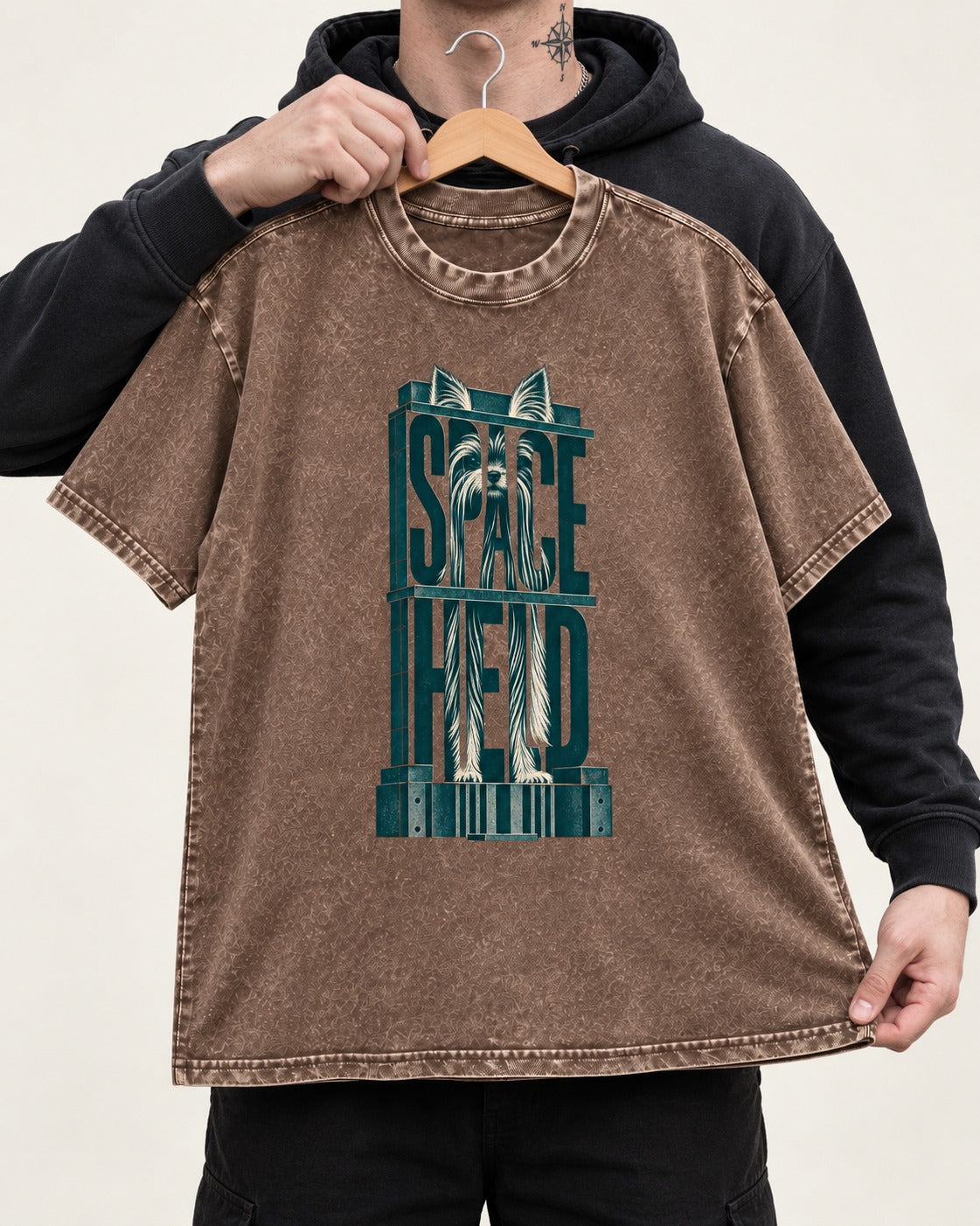 Yorkshire Terrier Space Head Washed Tee in Coffee, held up on a hanger