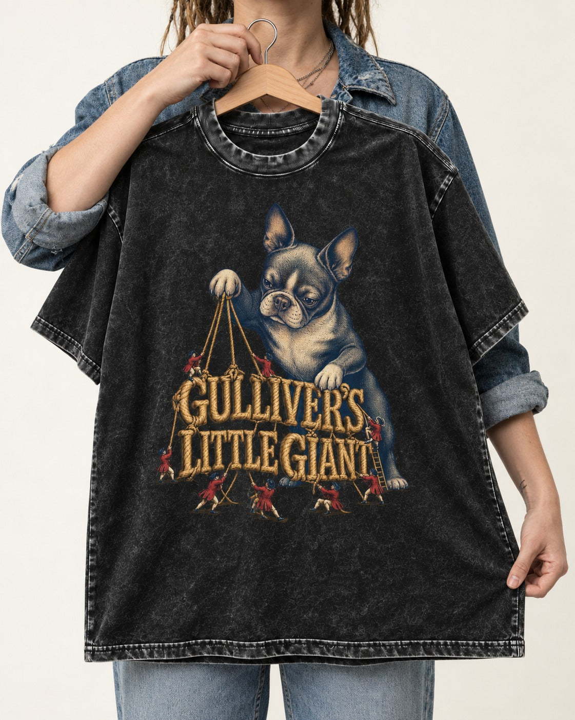 Boston Terrier Gulliver’s Little Giant Washed Tee in Black, held up on a hanger