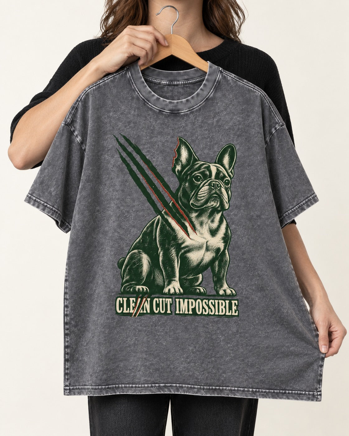 Frenchie Clean Cut Impossible Washed Tee in Gray, held up on a hanger