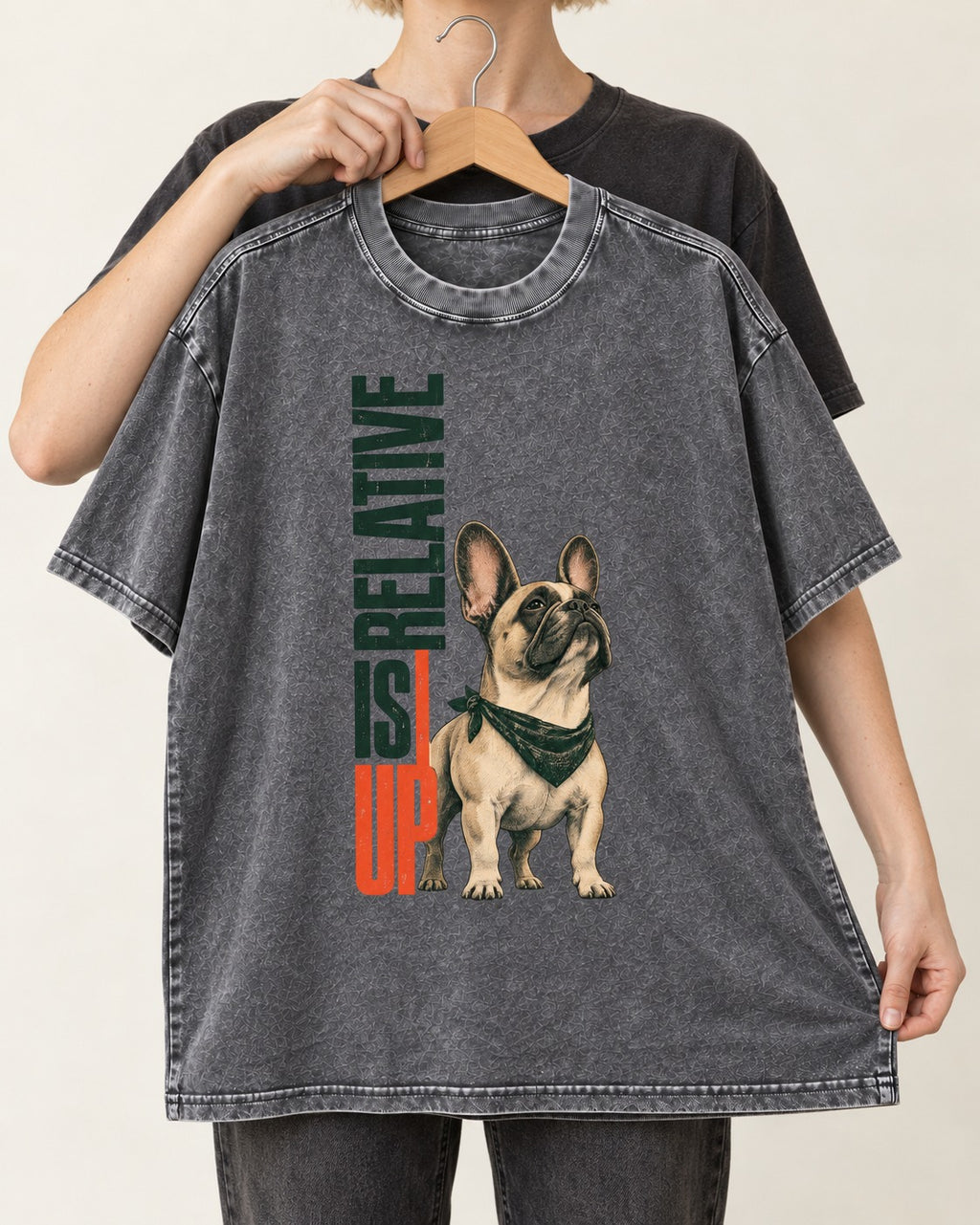 Up Is Relative Frenchie Washed Tee in Gray, held up on a hanger