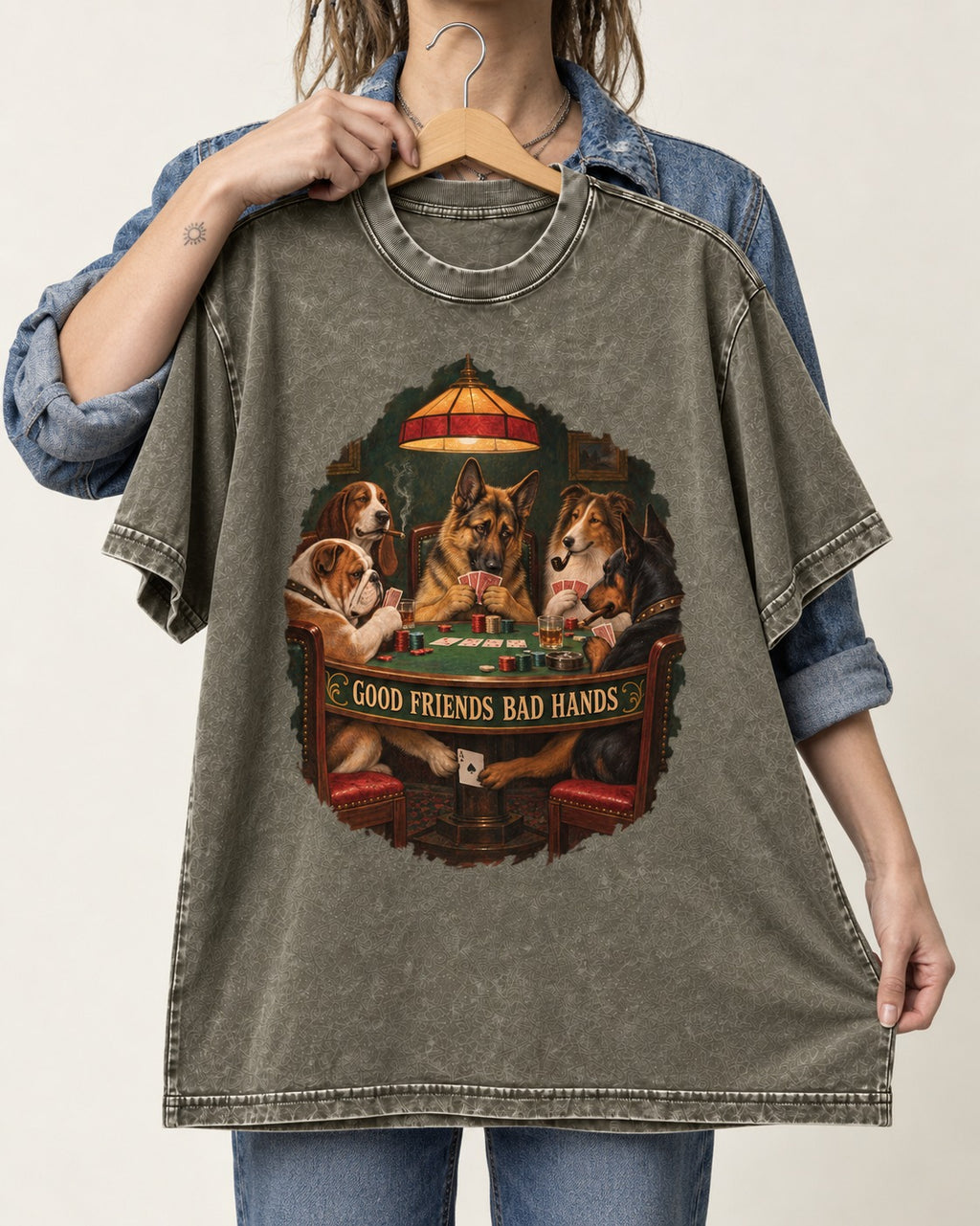 German Shepherd Dog Good Friends Bad Hands Poker Graphic Washed Tee in Army Green, held up on a hanger