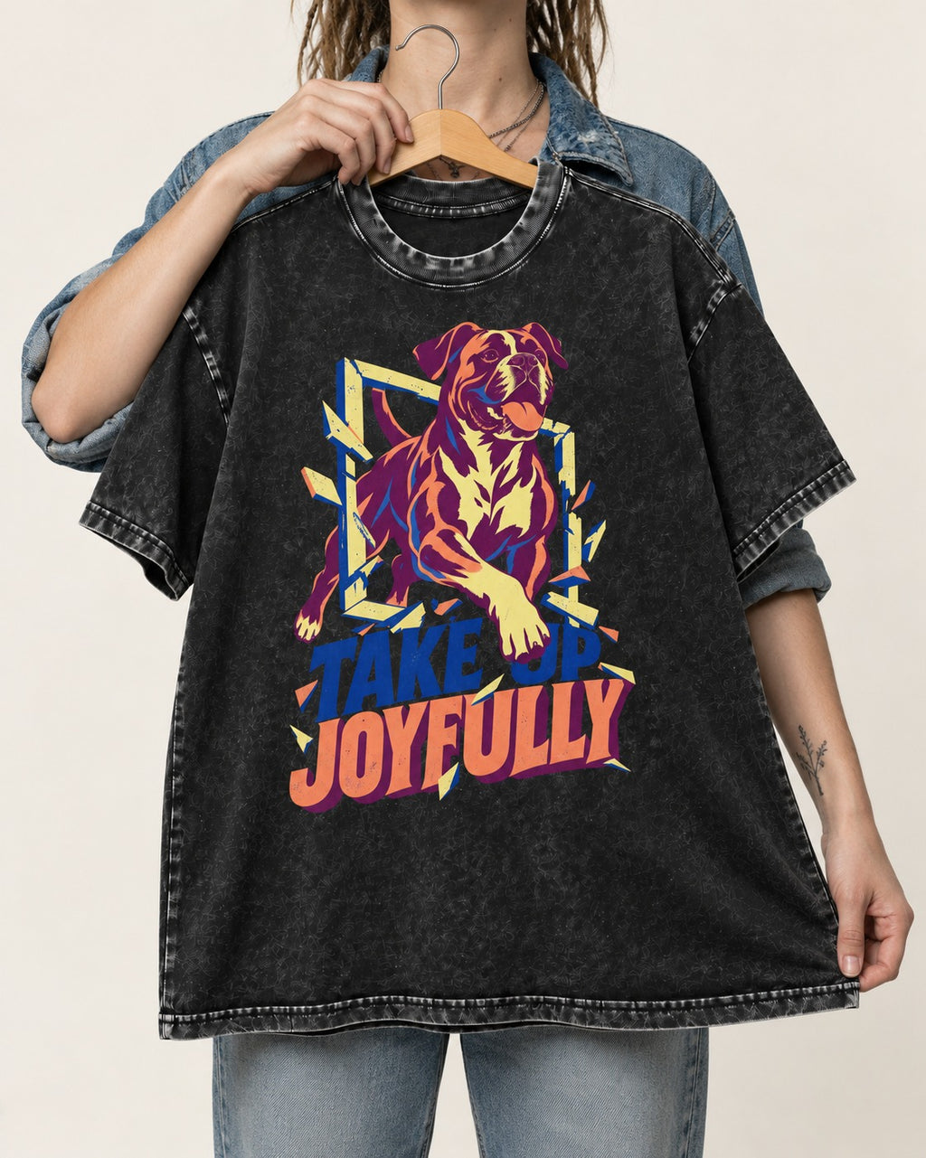 Take Up Joyfully Boxer Breakthrough Graphic Washed Tee in Black, held up on a hanger