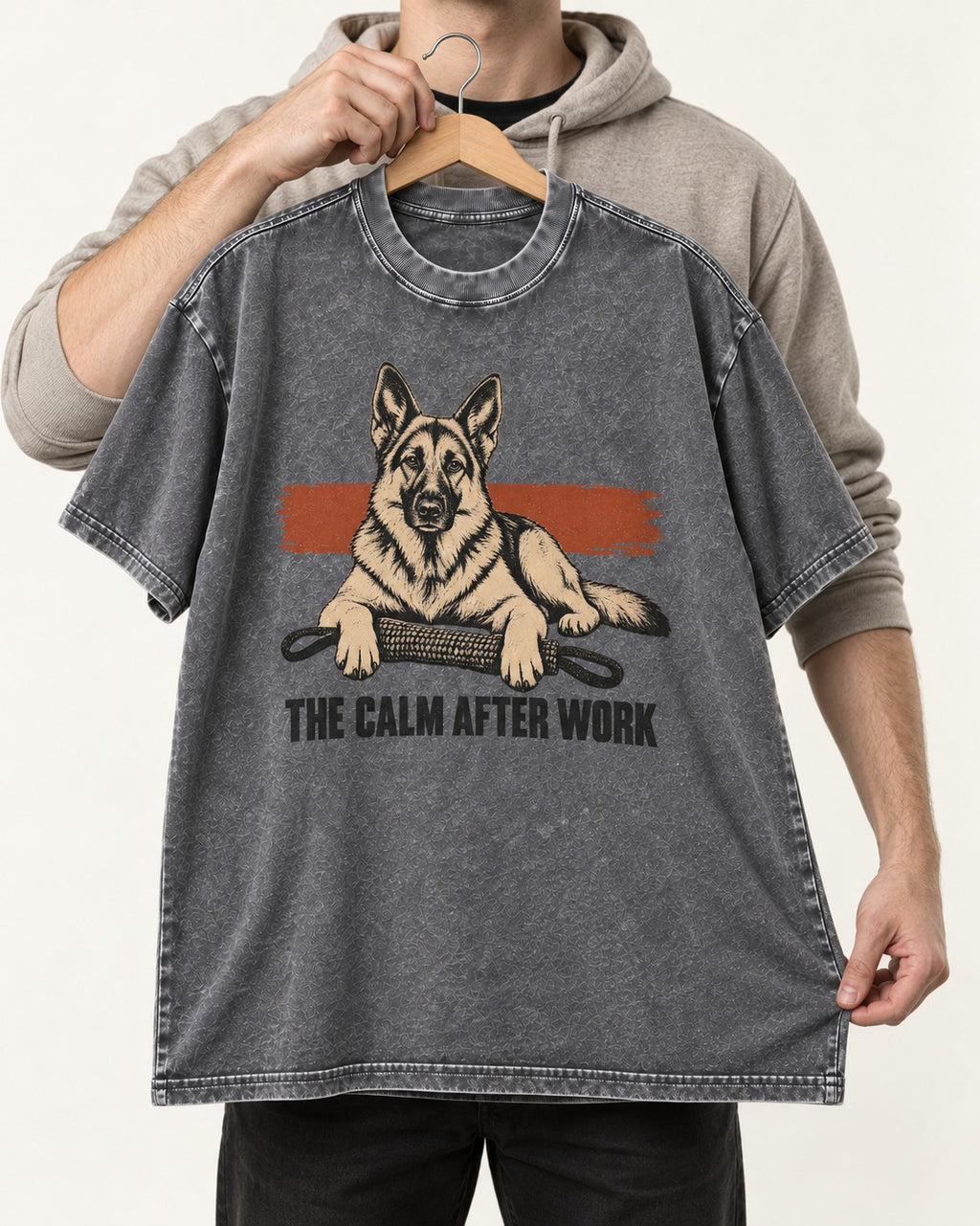 German Shepherd Dog The Calm After Work Washed Tee in Gray, held up on a hanger