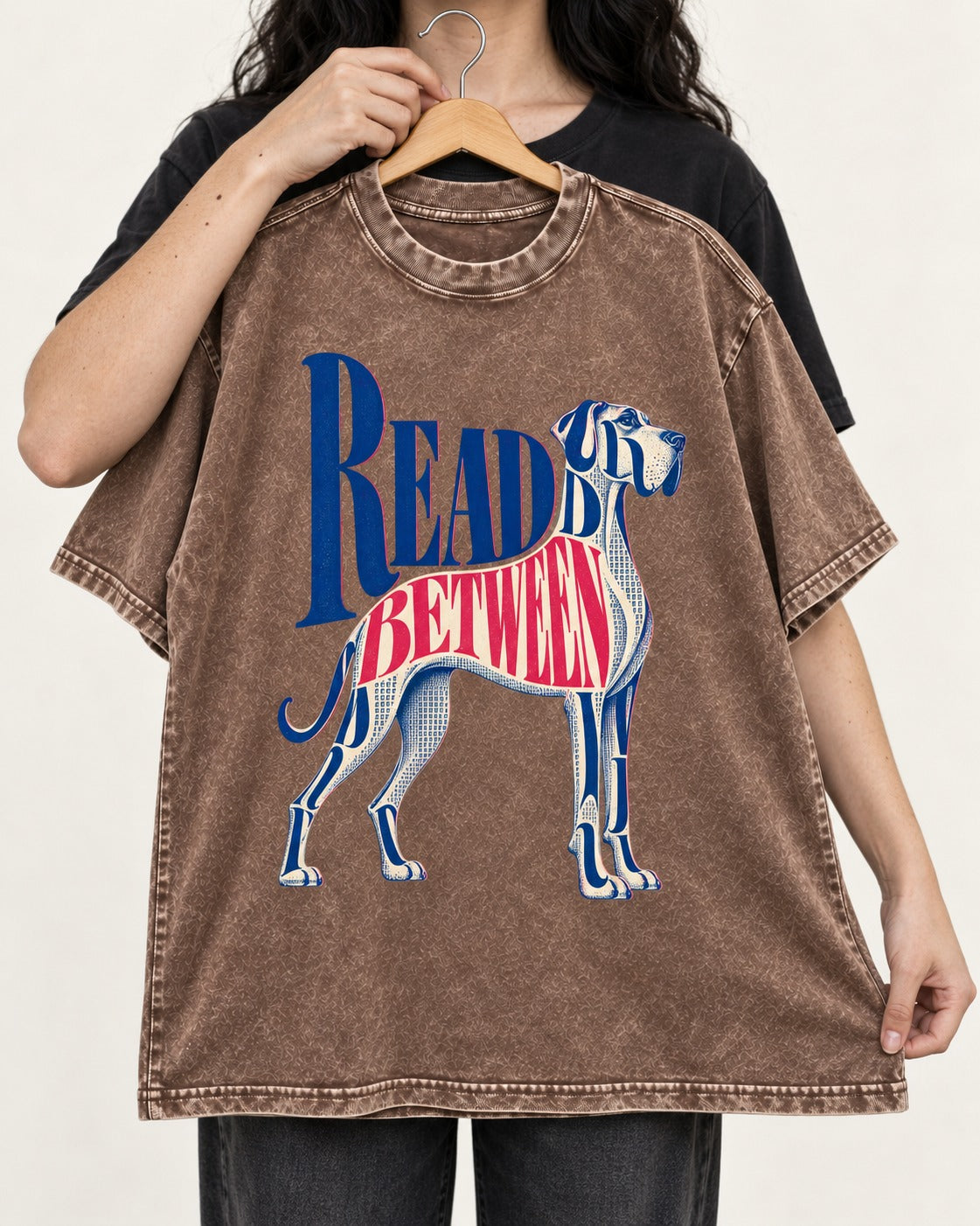 Read Between the Lines Great Dane Washed Tee in Coffee, held up on a hanger