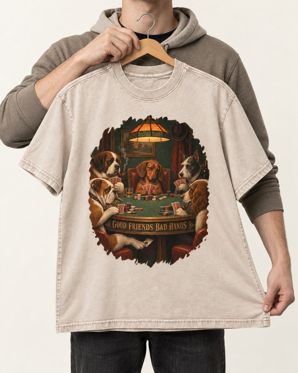 Dachshund Good Friends Bad Hands Poker Scene Washed Tee in Apricot, held up on a hanger