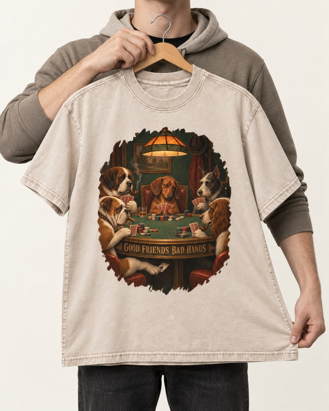 Dachshund Good Friends Bad Hands Poker Scene Washed Tee in Apricot, held up on a hanger