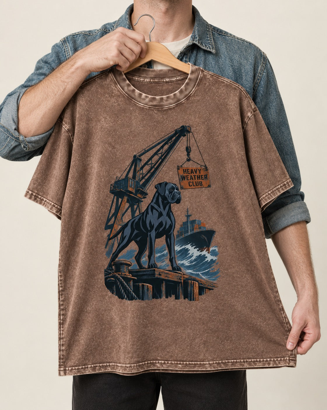 Boxer Heavy Weather Club Washed Tee in Coffee, held up on a hanger