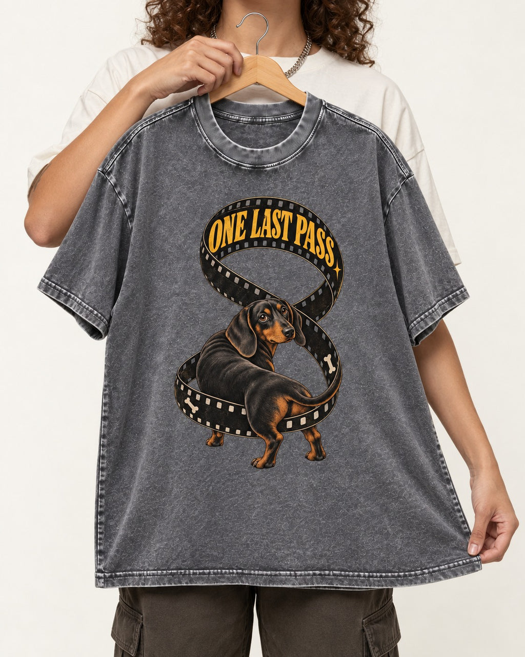 Dachshund's One Last Pass Washed Tee in Gray, held up on a hanger