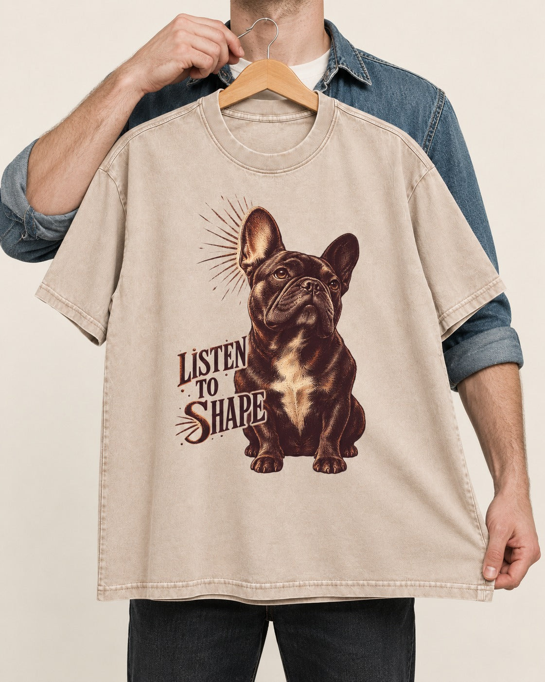 Listen to Shape Frenchie Washed Tee in Apricot, held up on a hanger