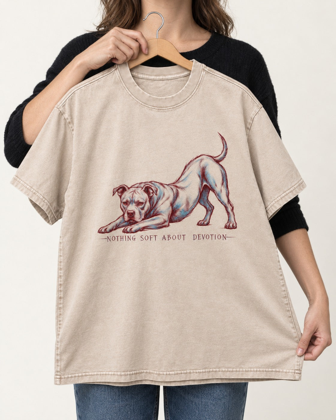 Nothing Soft About Pitbull Devotion Washed Tee in Apricot, held up on a hanger