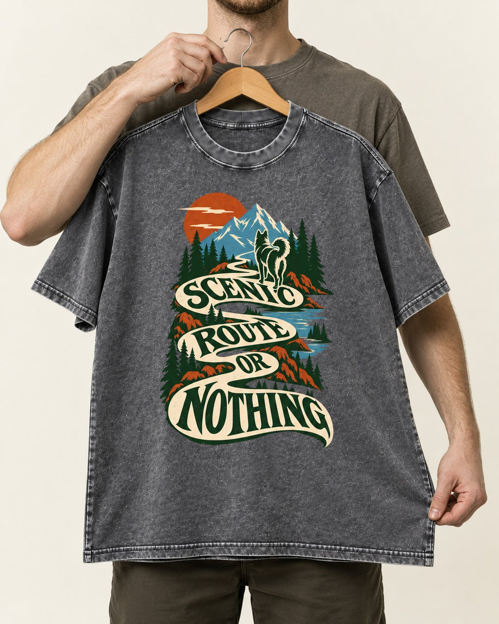 Husky Scenic Route or Nothing Washed Tee in Gray, held up on a hanger