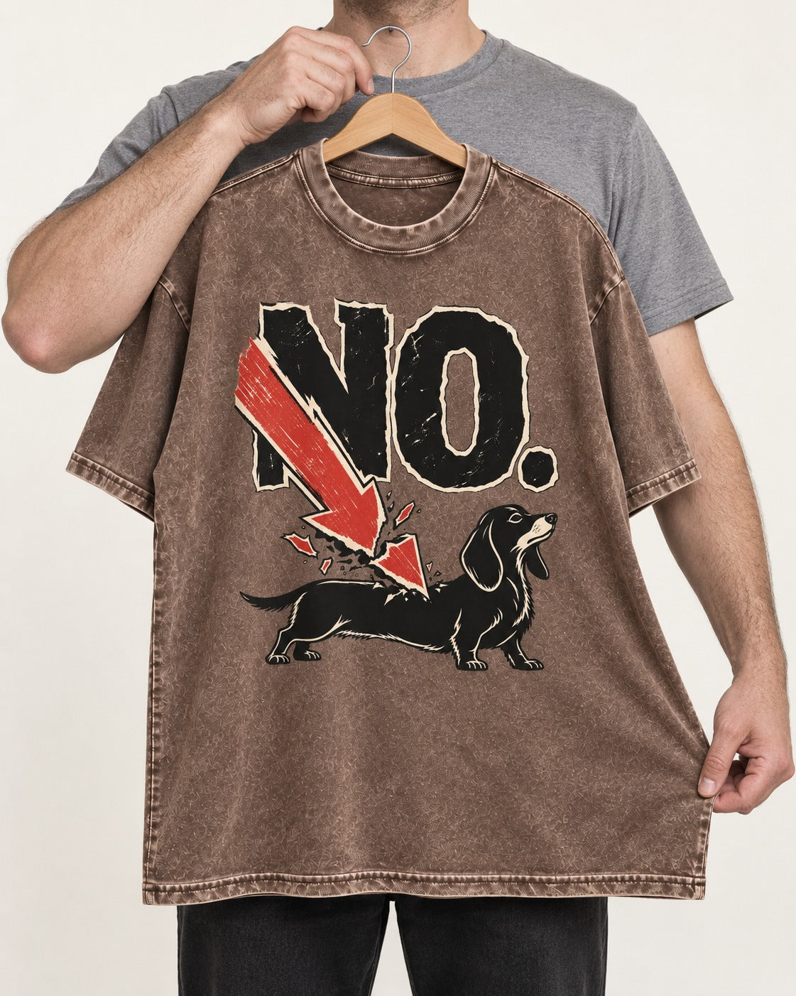 Dachshund Says No Washed Tee in Coffee, held up on a hanger