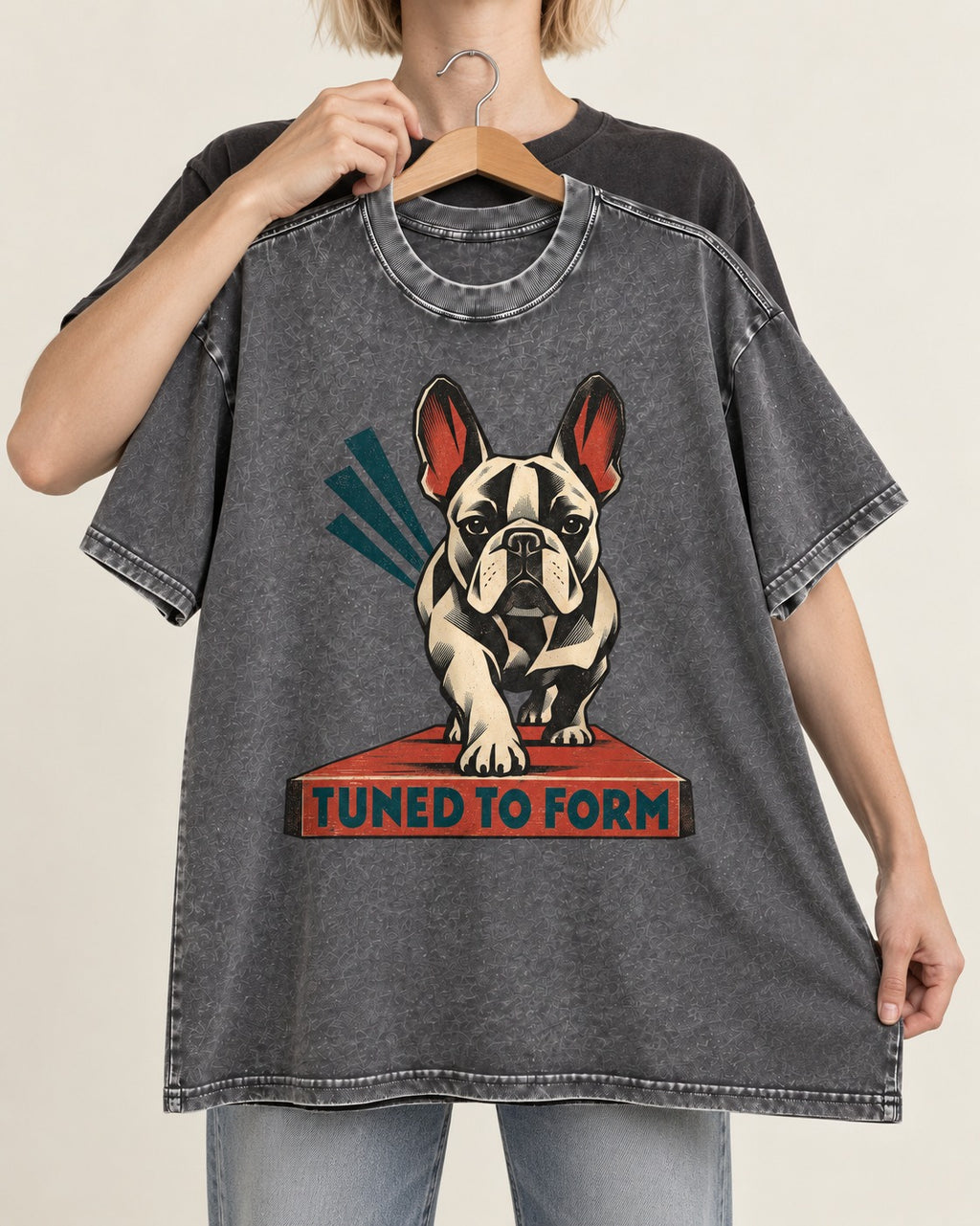 Frenchie Tuned to Form Washed Tee in Gray, held up on a hanger