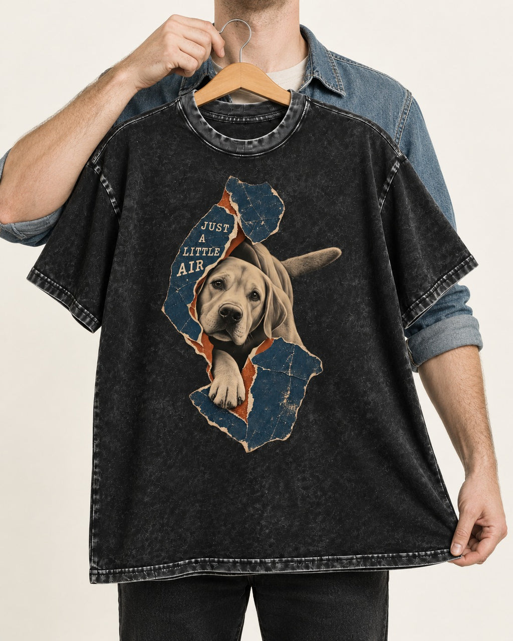 Labrador Retriever Just a Little Air Torn Paper Graphic Washed Tee in Black, held up on a hanger