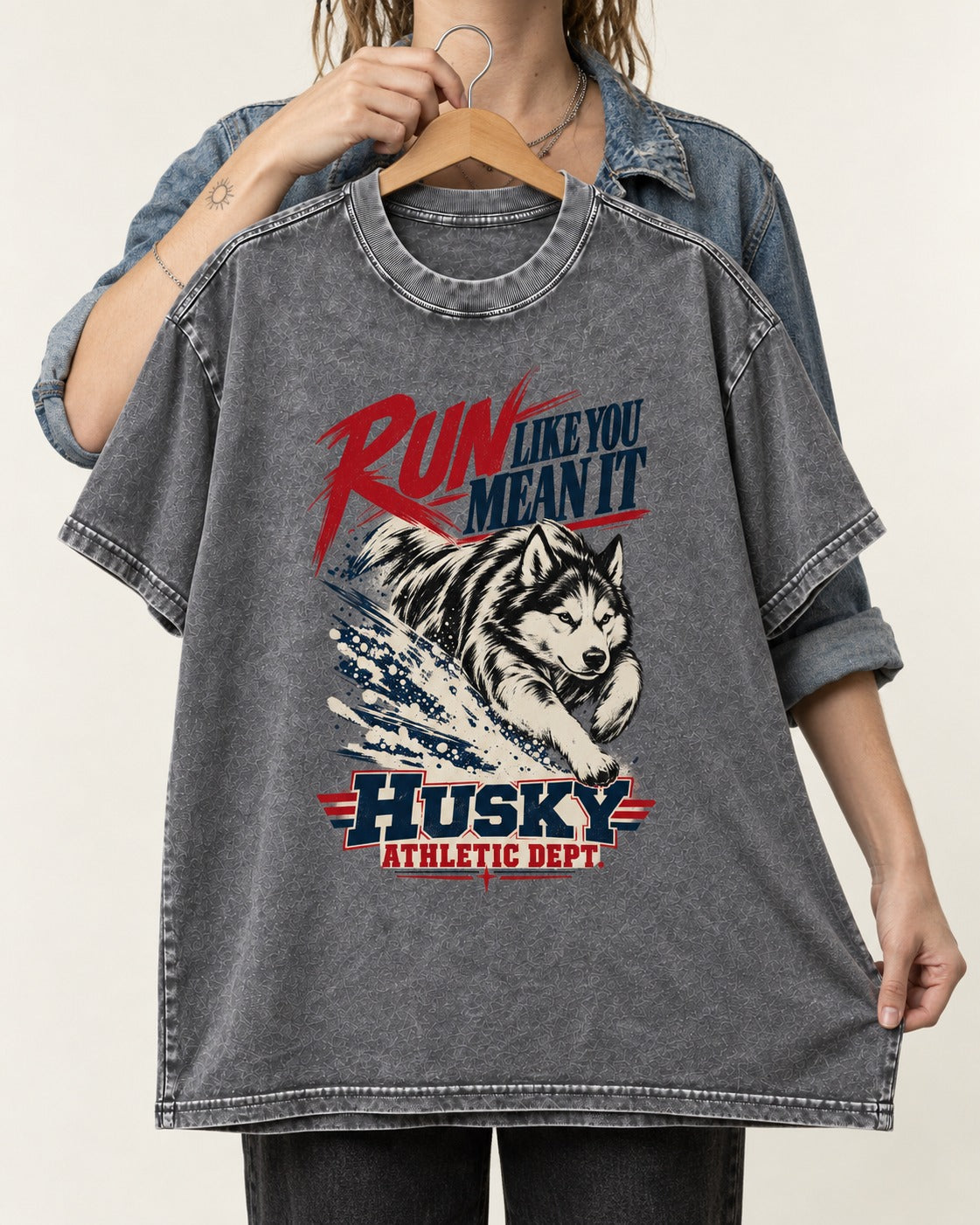 Husky Run with Purpose Washed Tee in Gray, held up on a hanger
