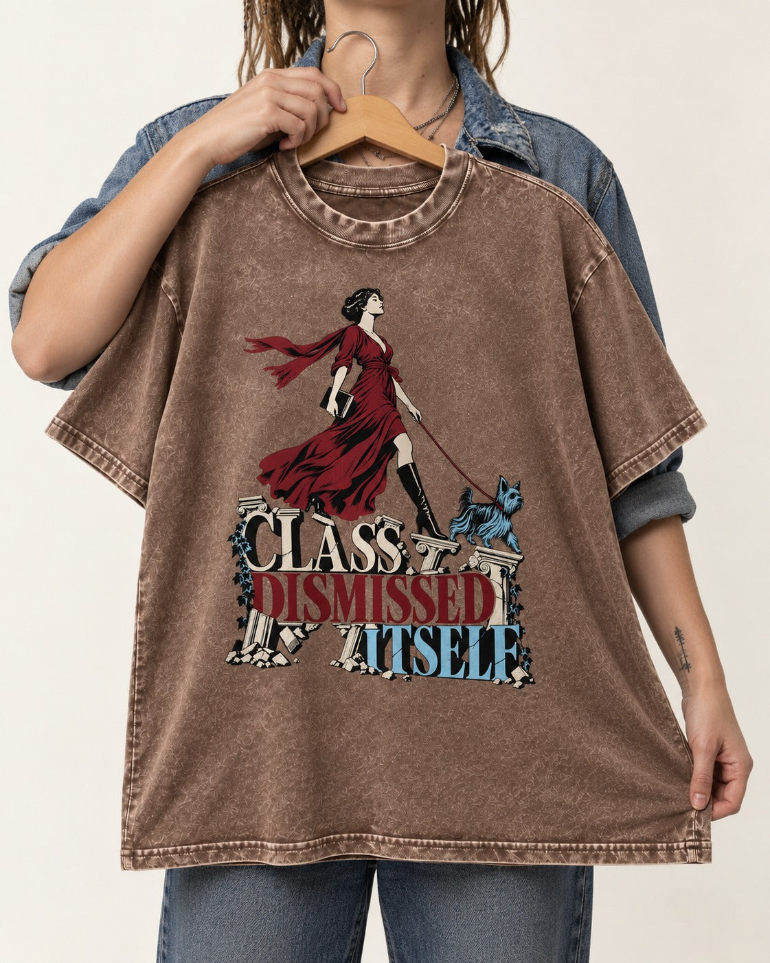 Class Dismissed Itself Yorkshire Terrier Washed Tee in Coffee, held up on a hanger