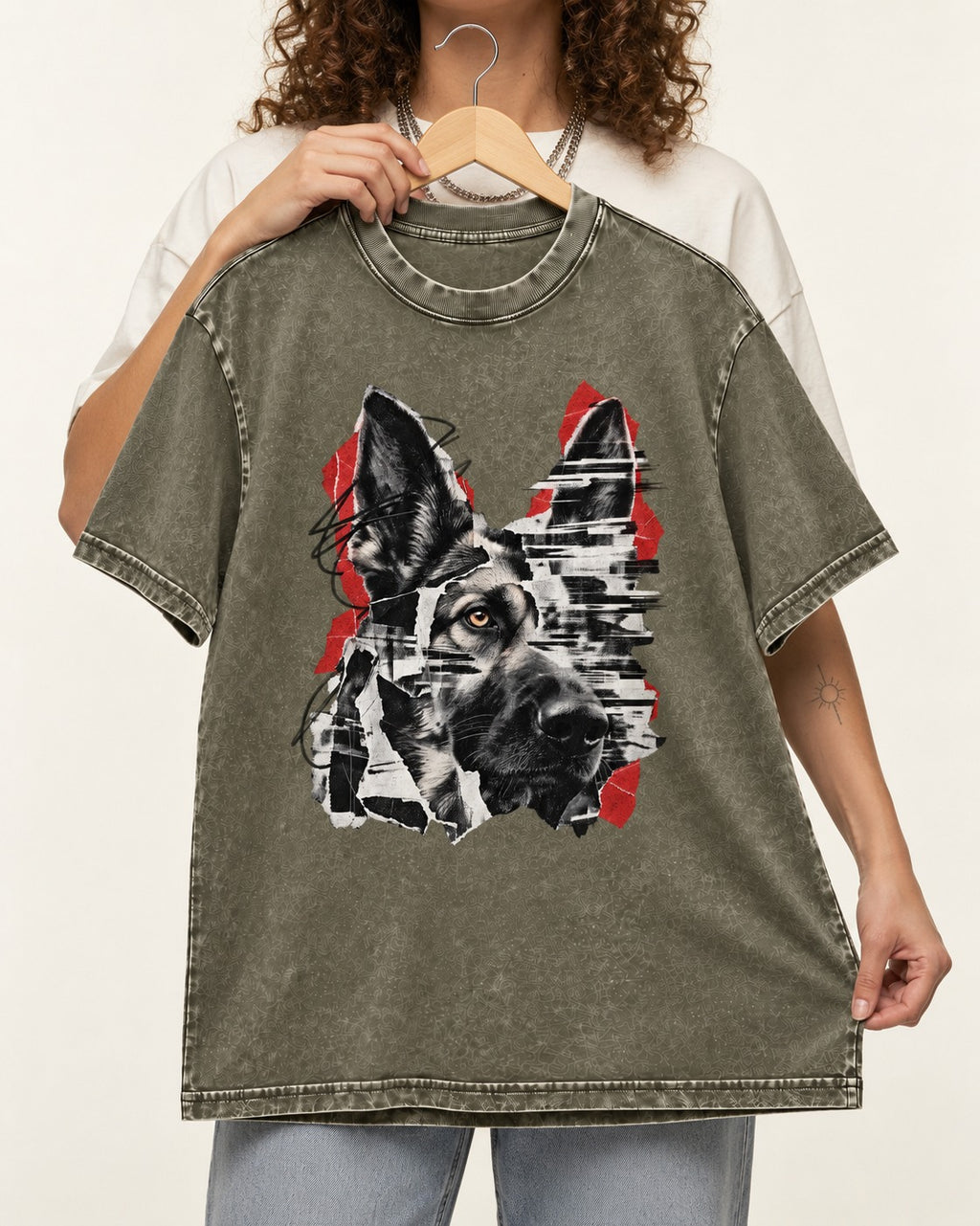 Black Signal Torn Collage German Shepherd Dog Portrait Graphic Washed Tee in Army Green, held up on a hanger