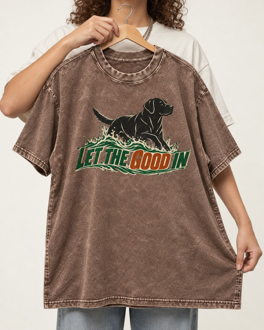 Labrador Retriever Let the Good In Washed Tee in Coffee, held up on a hanger