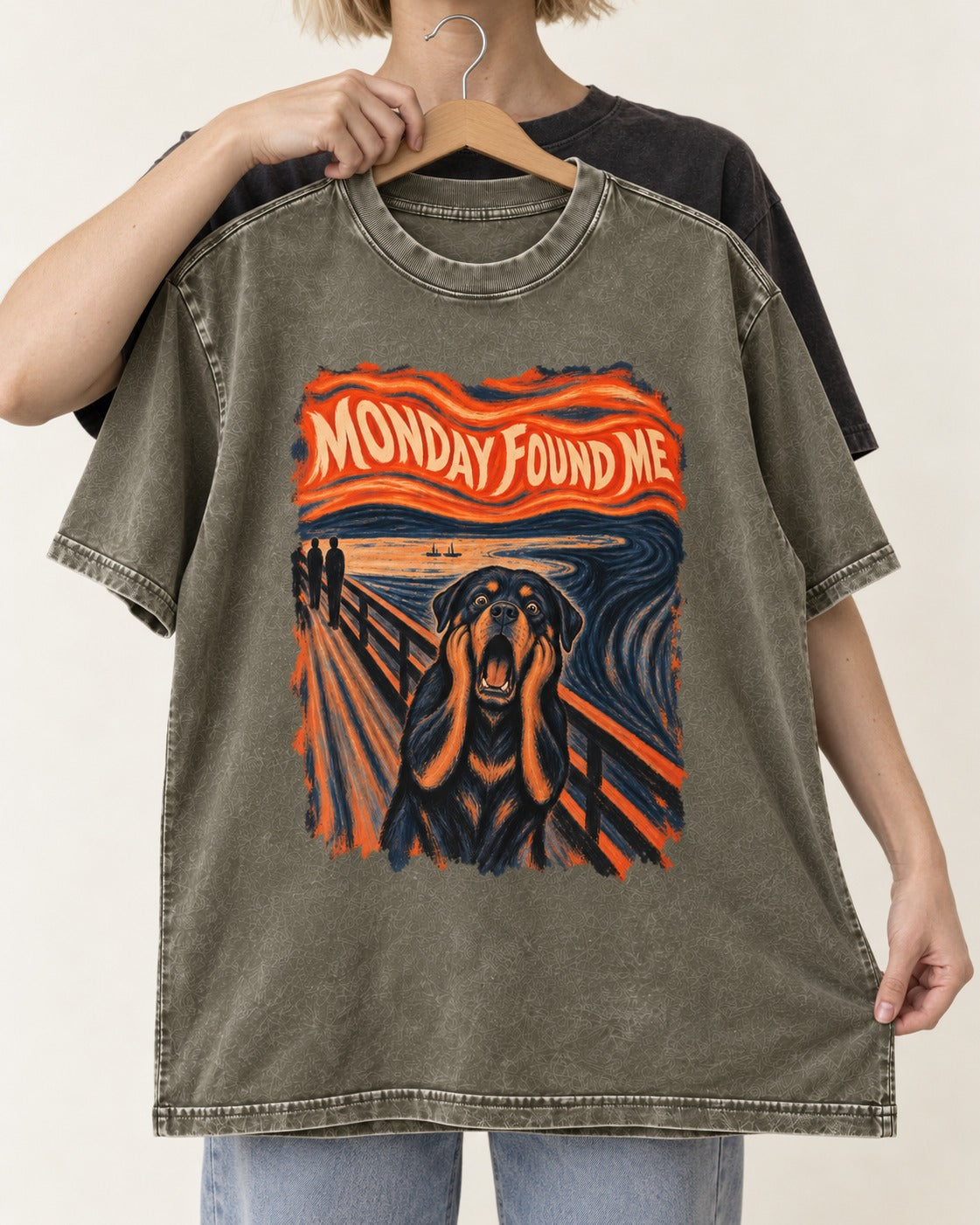 Rottweiler Monday Found Me Scream Parody Graphic Washed Tee in Army Green, held up on a hanger