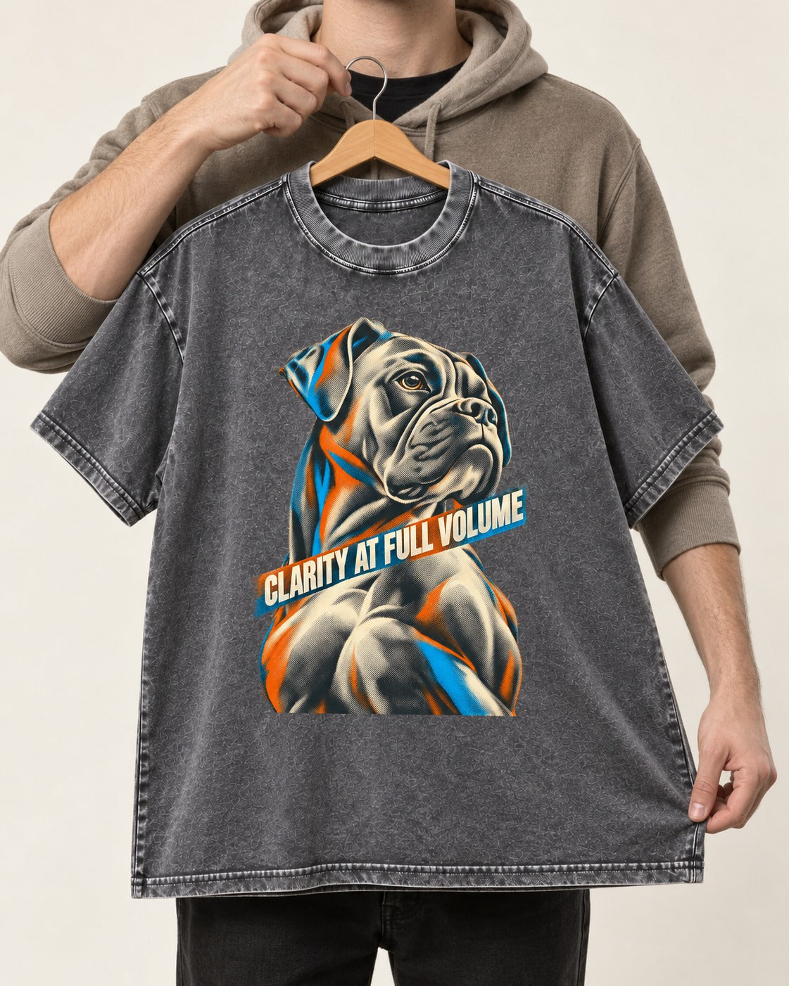 Clarity at Full Volume Boxer Portrait Washed Tee in Gray, held up on a hanger