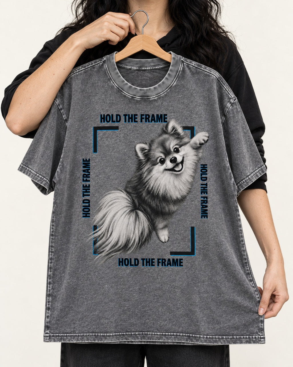 Hold the Frame Pomeranian Washed Tee in Gray, held up on a hanger