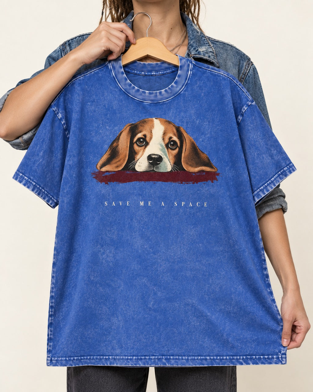 Save Me A Space Beagle Washed Tee in Royal Blue, held up on a hanger
