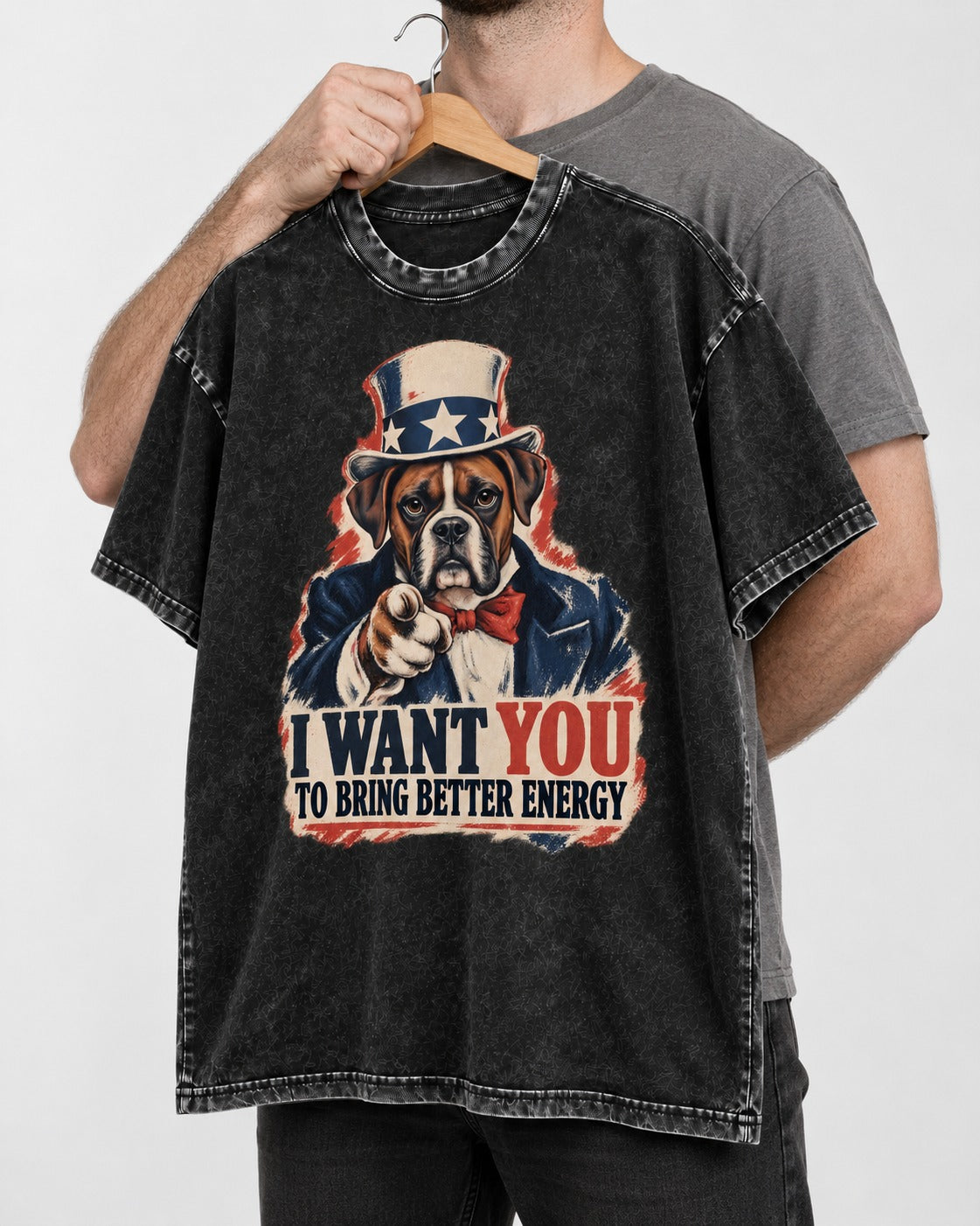I Want You to Bring Better Energy Boxer Recruitment Poster Graphic Washed Tee in Black, held up on a hanger