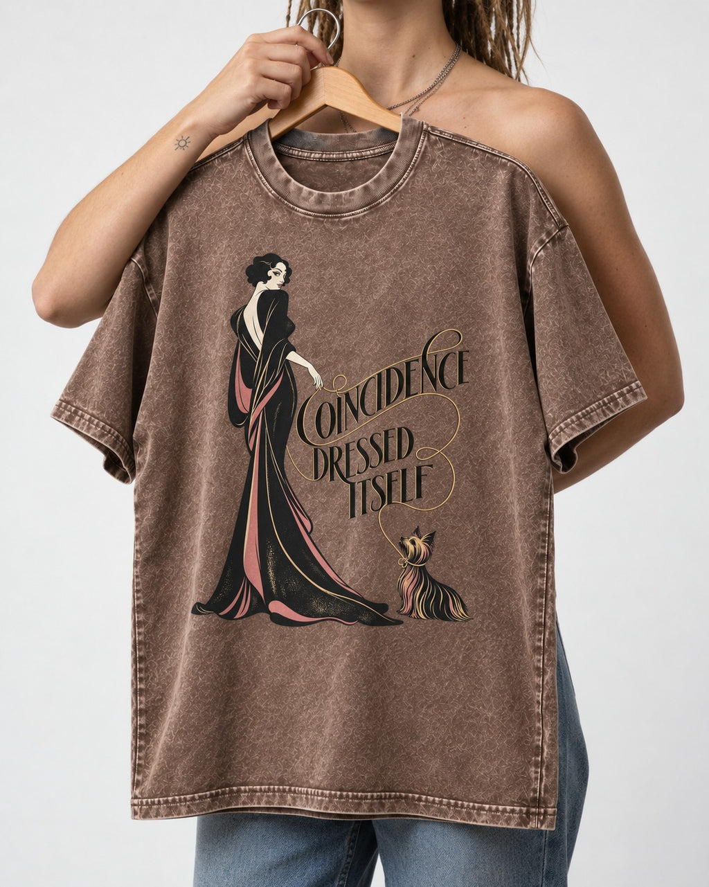 Yorkshire Terrier Coincidence Dressed Itself Art Deco Graphic Washed Tee in Coffee, held up on a hanger