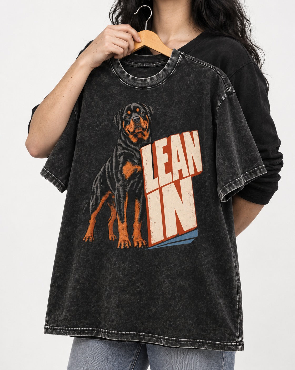 Rottweiler Lean In Block Typography Graphic Washed Tee in Black, held up on a hanger