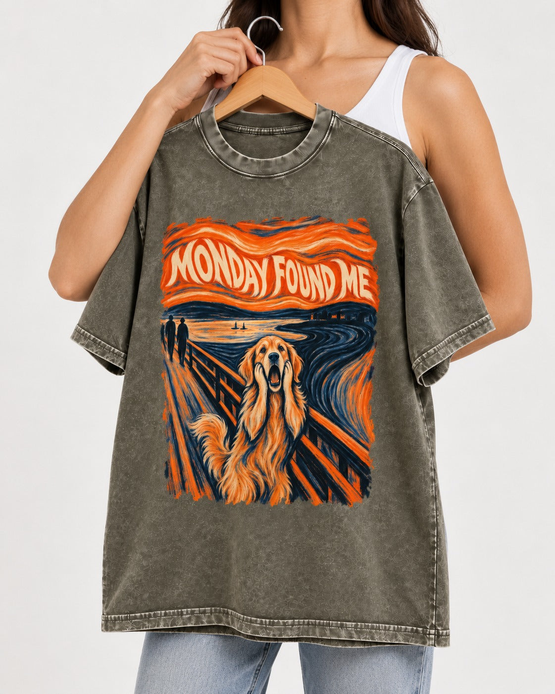 Monday Found Me Scream Golden Retriever Graphic Washed Tee in Army Green, held up on a hanger