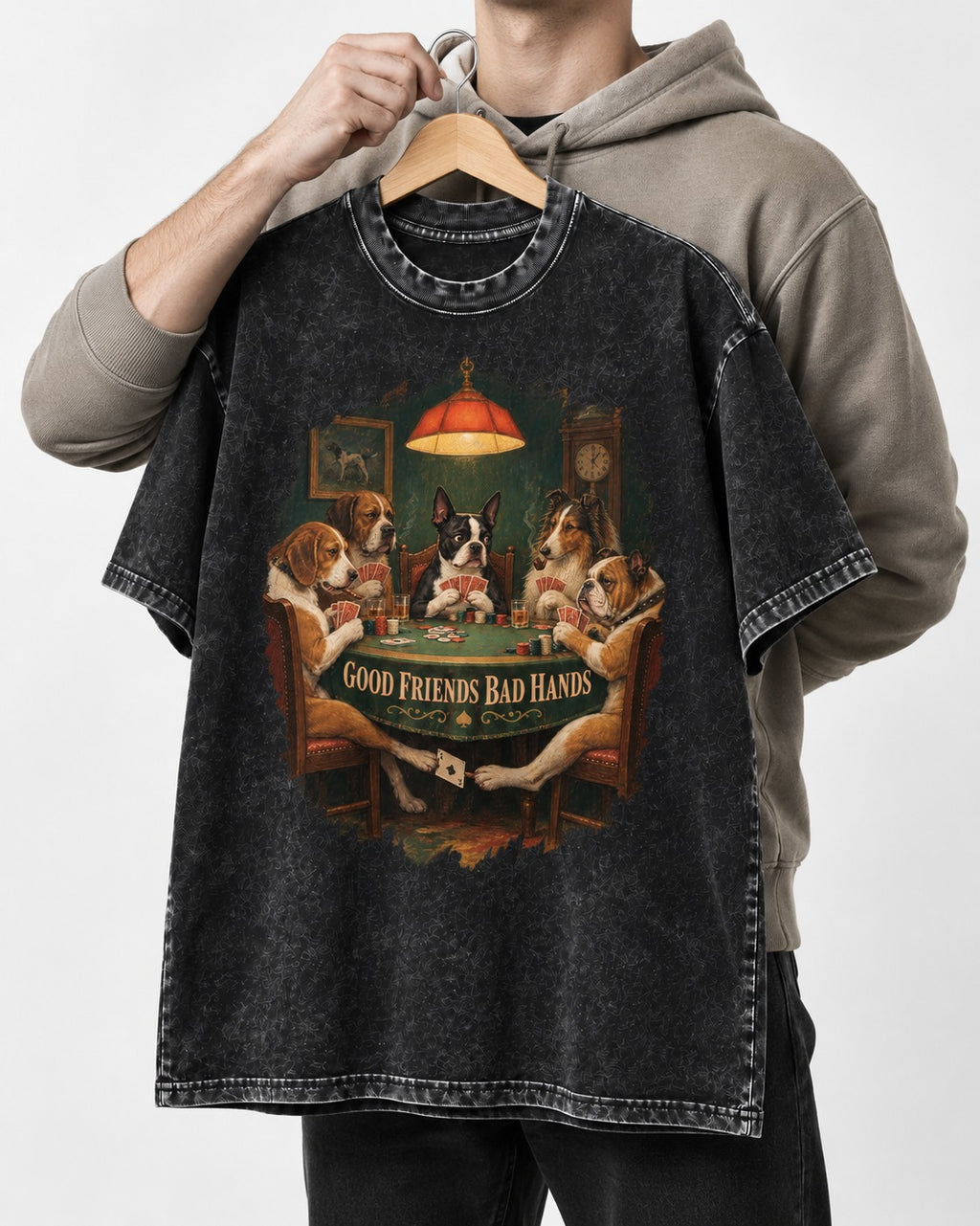 Good Friends Bad Hands Boston Terrier Poker Night Washed Tee in Black, held up on a hanger