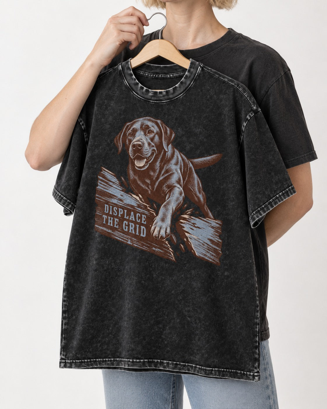 Labrador Retriever Displace the Grid Breaking Plank Graphic Washed Tee in Black, held up on a hanger