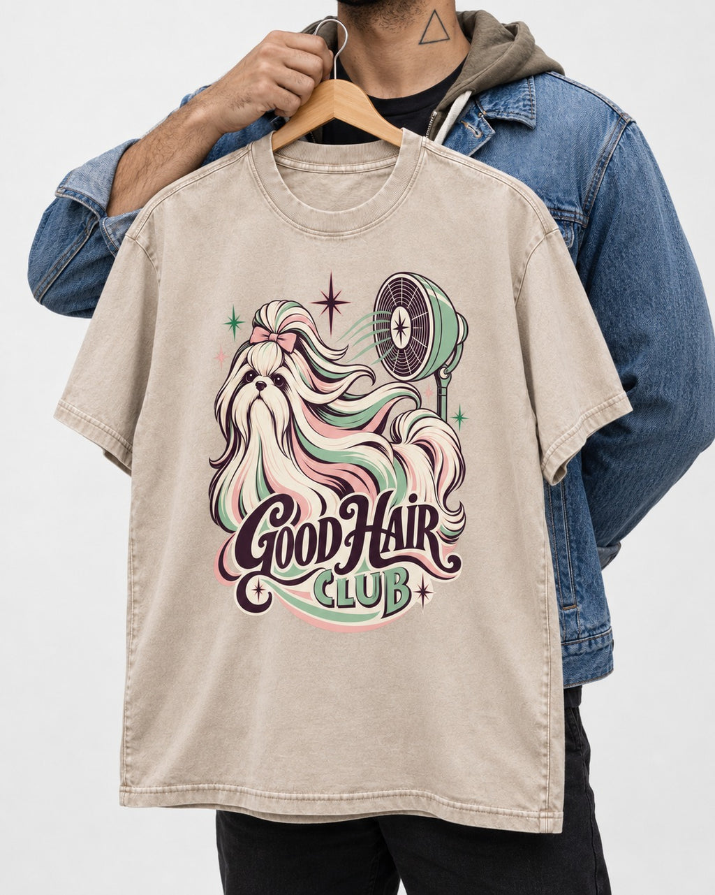 Shih Tzu Good Hair Club Salon Fan Graphic Washed Tee in Apricot, held up on a hanger