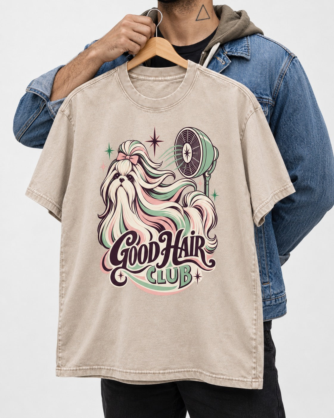 Shih Tzu Good Hair Club Salon Fan Graphic Washed Tee in Apricot, held up on a hanger