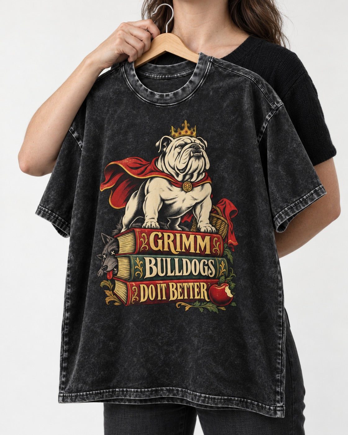 English Bulldog Grimm Bulldogs Do It Better Storybook Graphic Washed Tee in Black, held up on a hanger