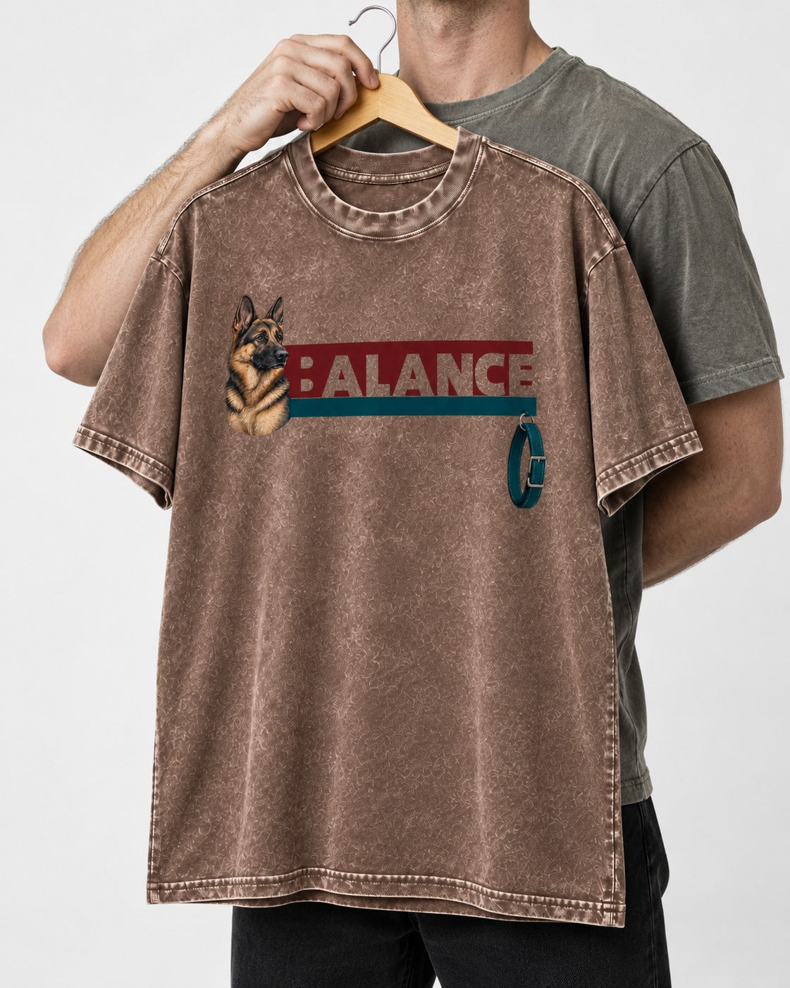 German Shepherd Dog Balance Washed Tee in Coffee, held up on a hanger