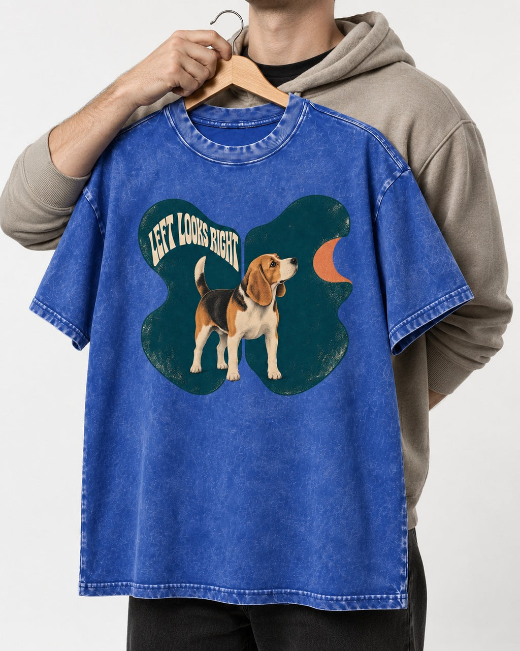 Left Looks Right Beagle Abstract Shapes Washed Tee in Royal Blue, held up on a hanger