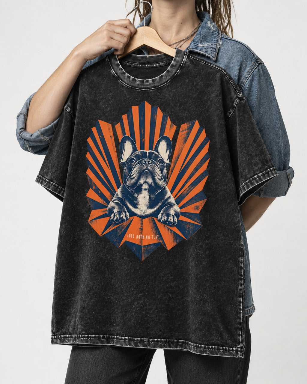 Frenchie Fold Nothing Flat Geometric Fan Graphic Washed Tee in Black, held up on a hanger